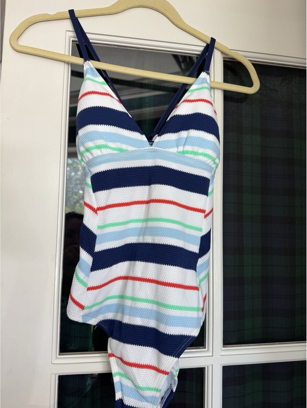 Splendid One Piece Swimsuit Women L Striped White/Blue Red/Green Stretch Lined